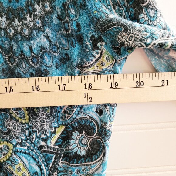 Chicos Cardigan Womens Medium Blue Print Longer Length Cotton Blend V Neck - Picture 4 of 7